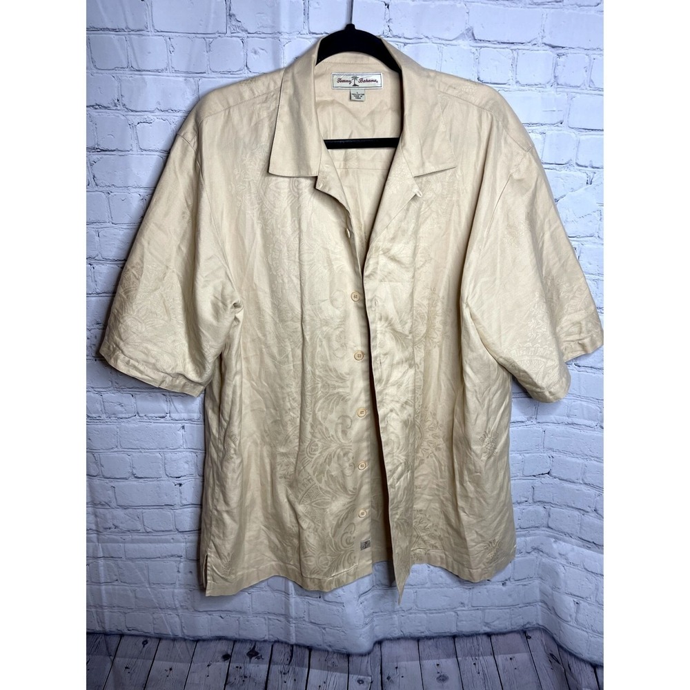 Tommy Bahama Mens Large Beige Cotton Jacquard Tropical Pineapple Camp Shirt L